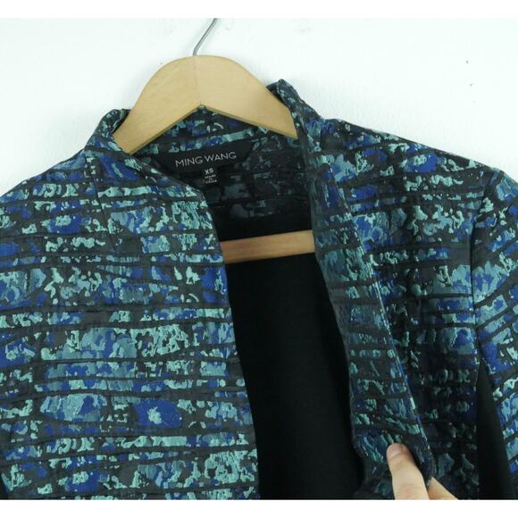 Ming Wang XS Jacket Career Blazer Artsy Blue Print Mixed Media Open Elegant - Picture 2 of 8